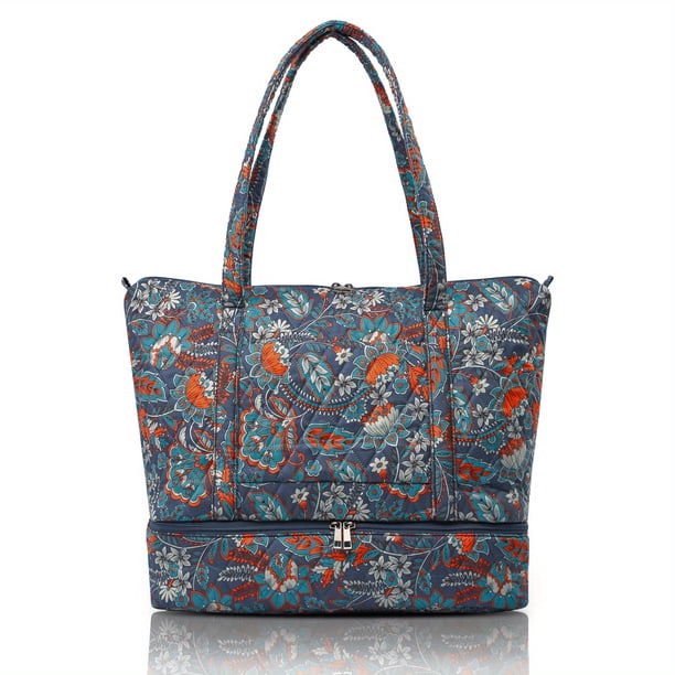 Quilted Travel Tote Bag For Women, Paisley Flower Padded Shoulder Bag, Carry On Weekender Bag With Shoes Compartment