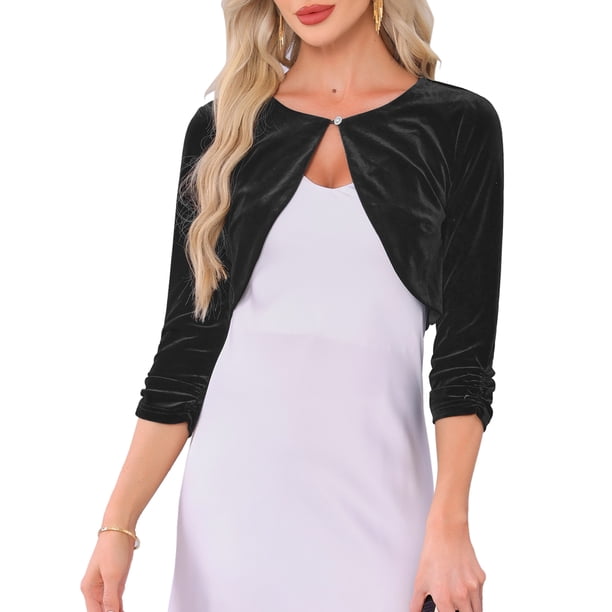 INSPIRE CHIC Chaqueta de Mujer Encogida de Terciopelo con Mangas 3/4 Cuello Redondo Elegante Cárdigan XL Negro