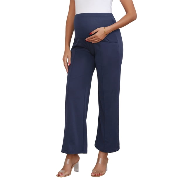 INSPIRE CHIC Pantalones de Trabajo de Maternidad Sobre el Vientre Pantalones de Embarazo - Alta Elasticidad, Pierna Ancha Suelta, Casual de Negocios M Azul Profundo