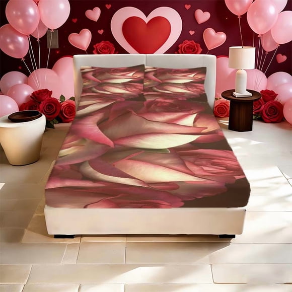 Rose Flower Print Fitted Sheet Fitted Sheet And Pillowcase Set bedding | 1 Fitted Sheet + 2 Pillowcases Without Pillow Inserts | Double/Full/King/Queen | Soft A