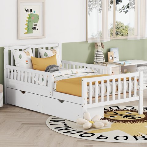 M&Ms - Twin Size Wood Platform Bed With Guardrails On Both Sides And Two Storage Drawers ,White