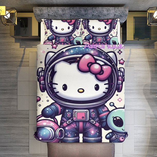 Astronaut Hello Kitty 3 Piece Sets Full/Queen Size - Reversible Microfiber Quilts with Shams Soft Lightweight Bedspread Coverlet Comforter for All Season Bed Sheets
