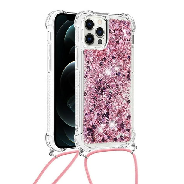 Funda FOXDOCK para iPhone 12 Pro Max con Cuerda Ajustable, Brillo Líquido, Protección Antigolpes y Lente – Ideal para Regalo