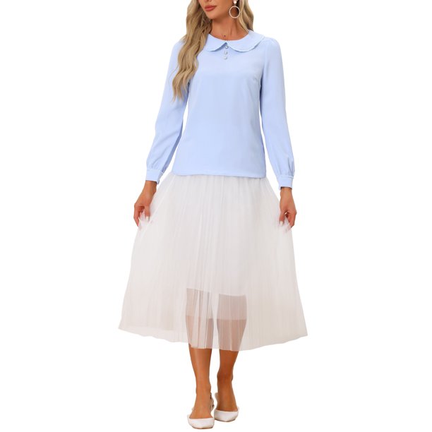 INSPIRE CHIC Blusa de Trabajo para Mujer de Manga Larga con Cuello Peter Pan XS Azul Claro