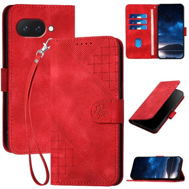 Funda Flip Premium Fibra de Carbono para Google Pixel 9A con Soporte y Cierre Rojo