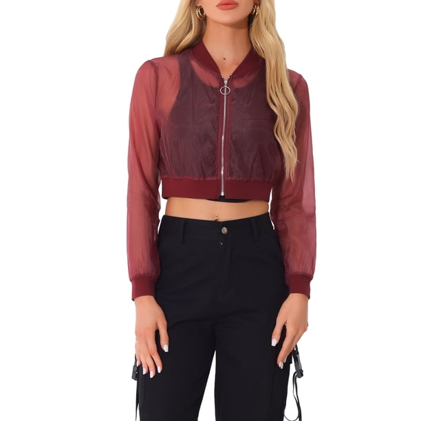 Chaqueta Bomber Crop INSPIRE CHIC para Mujer de Malla Transparente Ligera con Mangas Largas M Burdeos