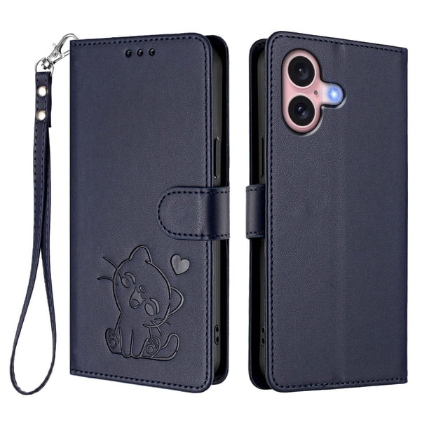Funda Volteable con Diseño de Gato para iPhone 16, Azul
