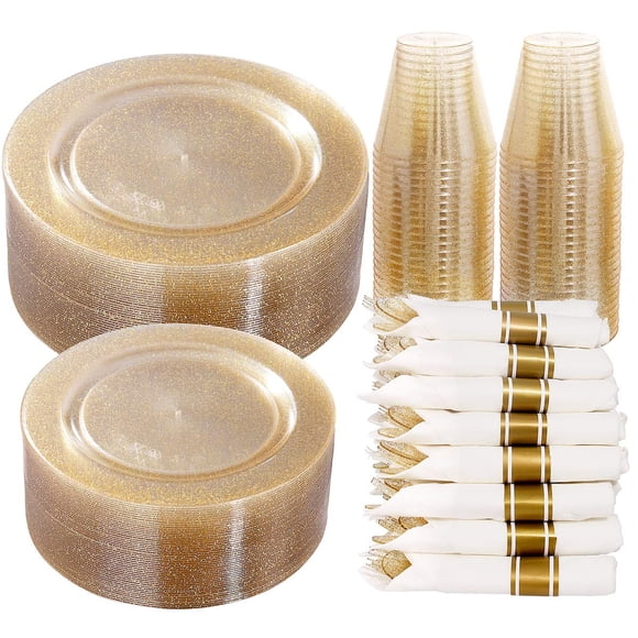 Juego de vajilla DayAmmi Gold Glitter 50 Guest con 350 piezas