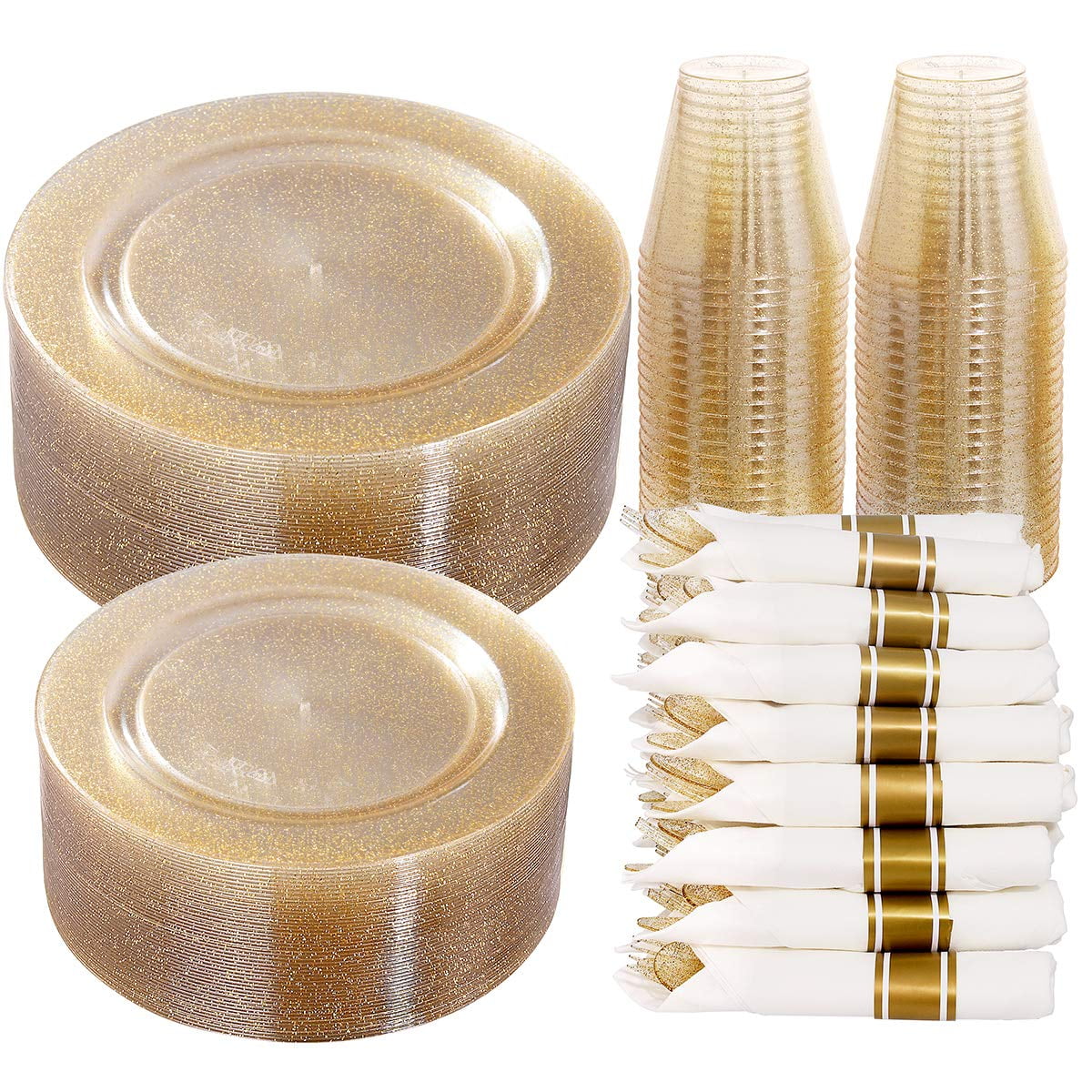 Juego De Vajilla Dayammi Gold Glitter 50 Guest Con 350 Piezas