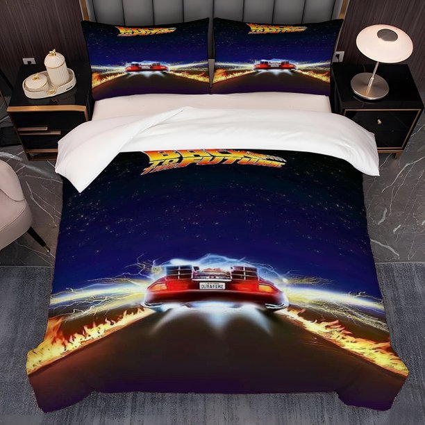 3pcs Back to the Future Poster Traveling Through Time and Space Pattern Bedding Set Duvet Cover and Pillowcase