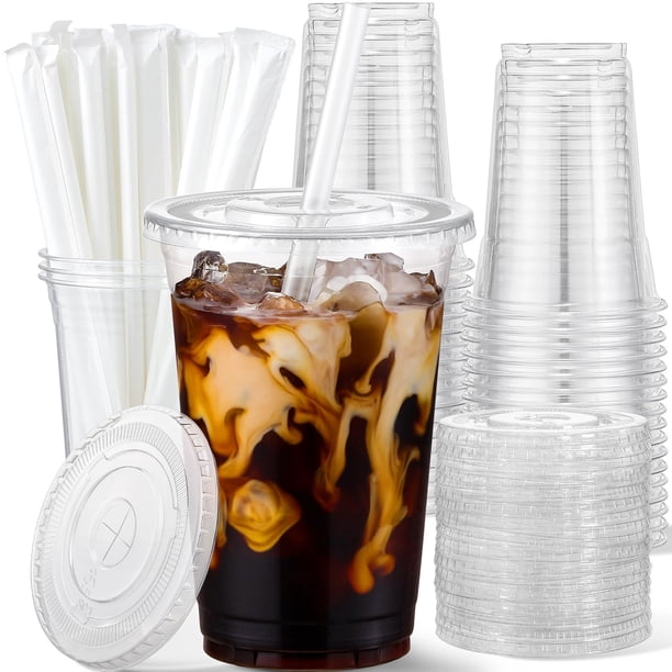 Vasos de plástico AOZITA de 16 onzas con tapas y pajitas, paquete de 25 unidades, transparentes