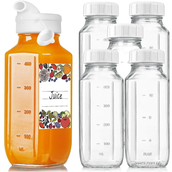 Botellas de vidrio para jugo Syntic de 16 onzas con boquilla para verter, paquete de 6, 2 tapas