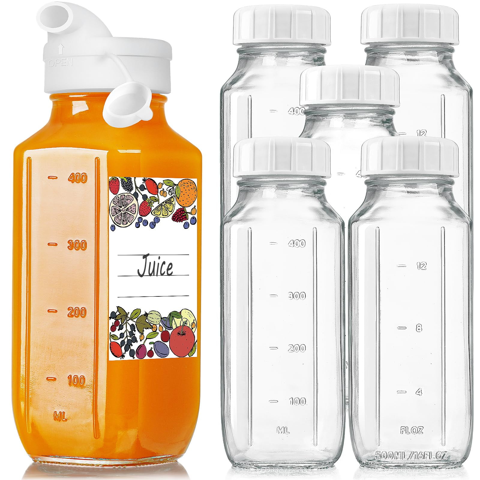 Botellas De Vidrio Para Jugo Syntic De 16 Onzas Con Boquilla Para Verter, Paquete De 6, 2 Tapas