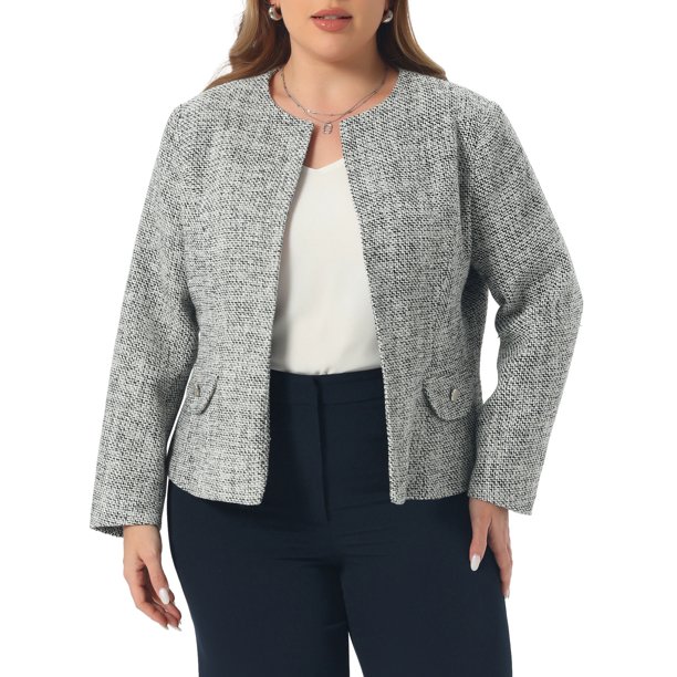 Agnes Orinda Chaqueta de Tweed sin Cuello para Mujer de Talla Grande para Escuela o Universidad, Blazer Abierto de Manga Larga con Botones Decorativos, Traje Casual de Negocios 4X Negro Blanco
