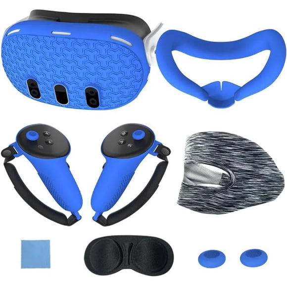 VR Accesorios Set Para Meta Quest 3, Incluye 7 Pcs: Cubierta protectora para la cara, empuñaduras para el mando, cubierta para los auriculares, protector para la lente y cubierta para la carcasa-Azul
