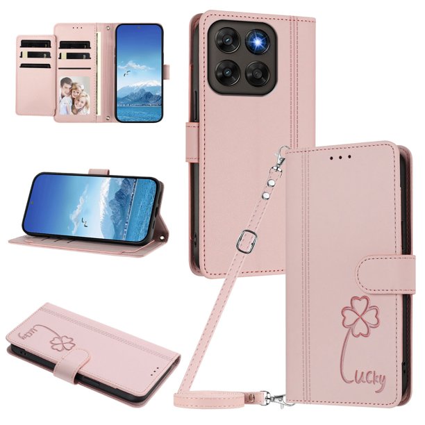Funda Cartera Trébol para Motorola Moto G77 con Ranuras Tarjetas y Carga Inalámbrica Rosa