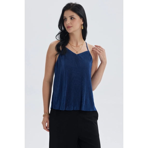 Polera Mujer Pabilo Plisada Lisa Azul Oscuro