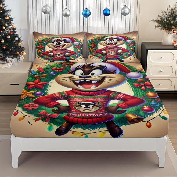 Bed Sheet Set Featuring a Christmas Tasmanian Devil Cartoon Character with a Festive Theme Pattern The Elastic Design Ensures a Perfect Fit for Mattresses