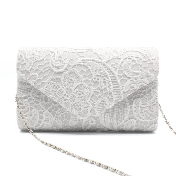 Elegante bolso de mano tipo sobre con encaje floral para mujer, ideal para graduación o boda.