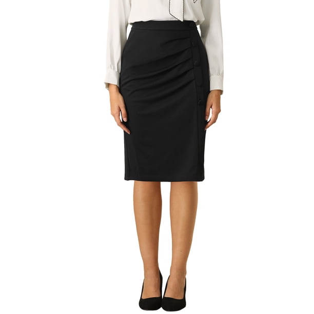 INSPIRE CHIC Falda lápiz elástica de cintura alta con fruncidos para mujer, falda midi ajustada para el trabajo, talla S, color negro
