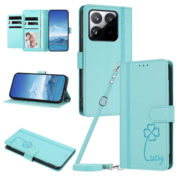 Funda Cartera Trébol para Xiaomi 15T con Ranuras Tarjetas y Carga Inalámbrica Verde menta