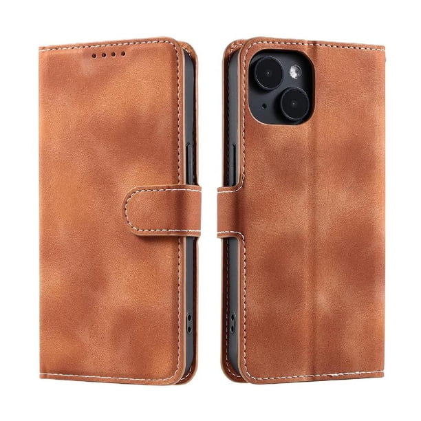 Funda Cartera para iPhone 15 Plus Tapa con Ranuras, Soporte y Correa Marrón