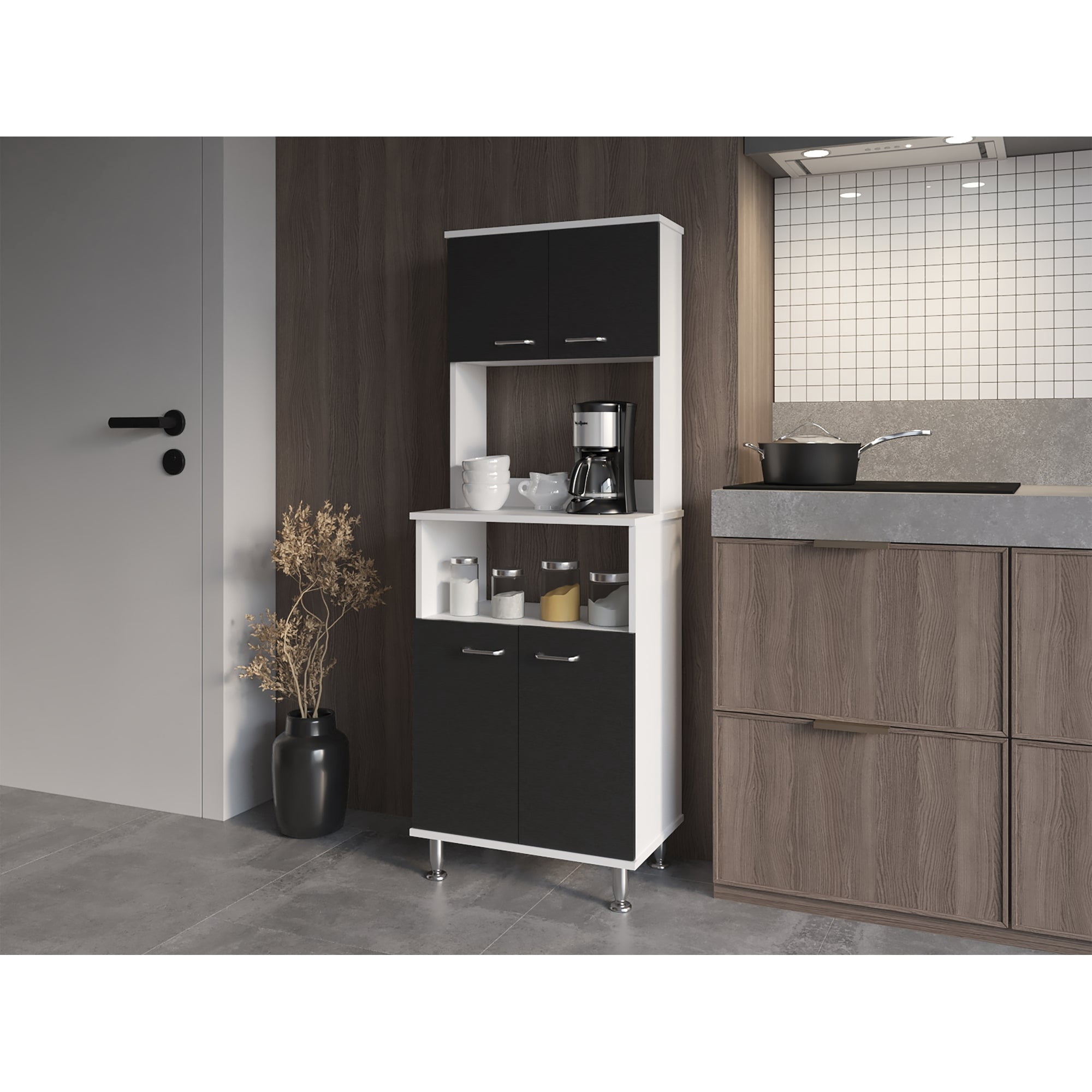 Tuhome - Mueble Para Microondas Kitchen-54 Blanco Y Wengue 160x54x35 Cm