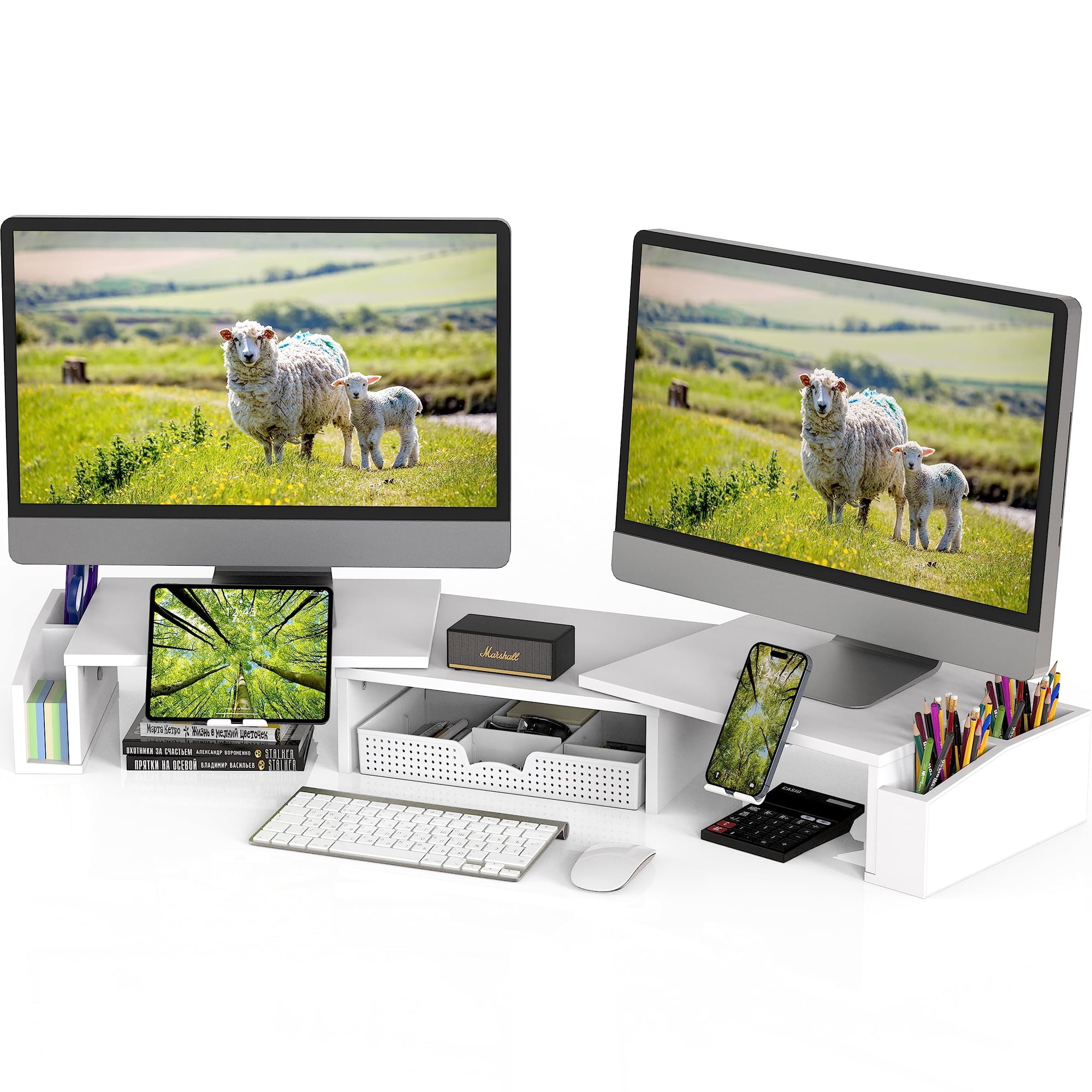 Simple Houseware - Escritorio Con Soporte Para Monitor, Sencillo, Para Artículos Del Hogar, Doble Con Cajón