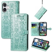 Funda Cartera Foxdock Para Iphone 16 Plus , Flip Pu Con Relieve De Gatos Y Perros, Tarjetero Y Soporte