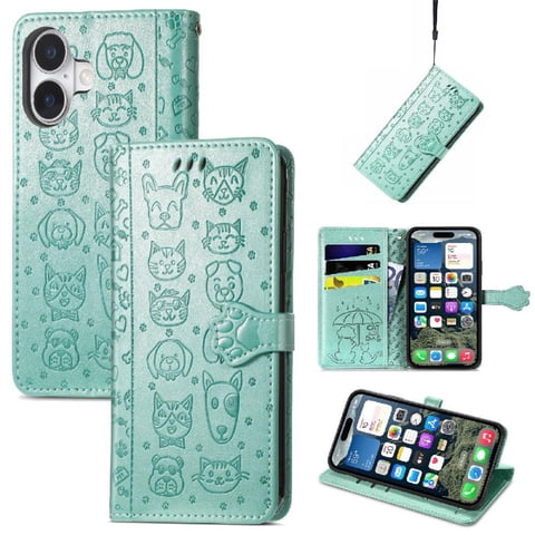 Funda Cartera Foxdock Para Iphone 16 Plus , Flip Pu Con Relieve De Gatos Y Perros, Tarjetero Y Soporte
