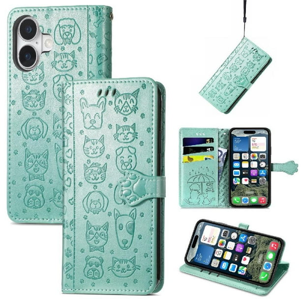 Funda Cartera FOXDOCK para iPhone 16 Plus , Flip PU con Relieve de Gatos y Perros, Tarjetero y Soporte