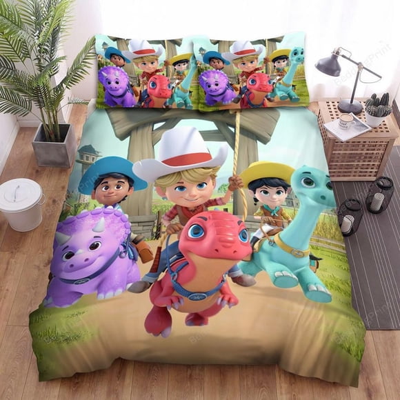 Dino Ranch Riding The Dinosaurs Quilt Duvet Cover Set Queen Home Textiles 3-Piece Bedding Set