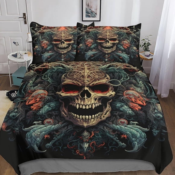 Juego De Funda Nórdica Con Calaveras Y Flores Juego De Ropa De Cama 3d Juego De Funda De Edredón Con Esqueleto Malvado Funda De Colcha De Microfibra Juego De 3 Piezas Funda De Edredón C