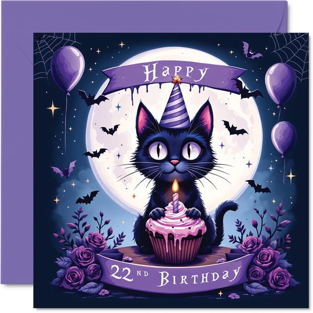 Tarjeta de cumpleaños Stuff4 para cumpleaños número 22, espeluznante diseño de gato negro