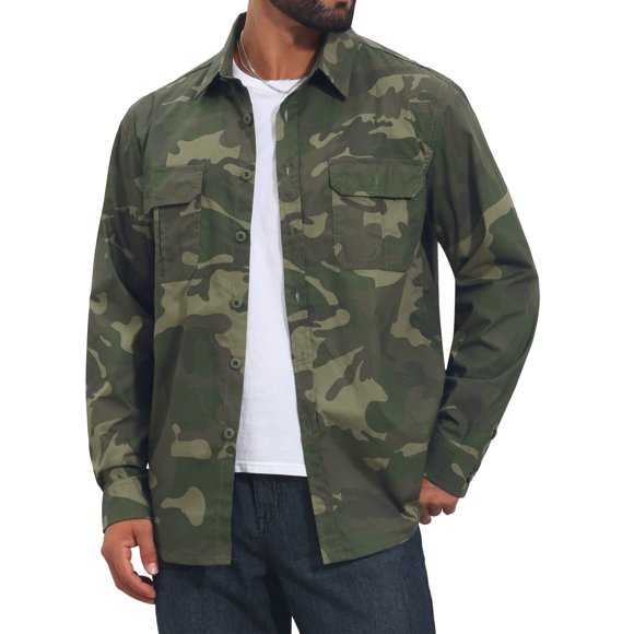 Camisa de Camuflaje para Hombre INSPIRE CHIC de Manga Larga con Botones, Ligera para Safari al Aire Libre L Verde Oliva