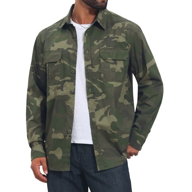 Camisa de Camuflaje para Hombre INSPIRE CHIC de Manga Larga con Botones, Ligera para Safari al Aire Libre L Verde Oliva