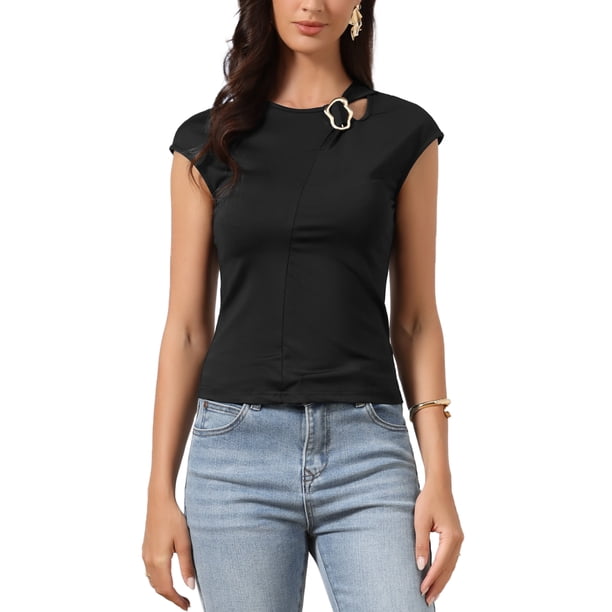 INSPIRE CHIC Camisetas de Manga Corta para Mujer Elegantes y Casuales Cuello Redondo Ajustado Camisetas XS Negro