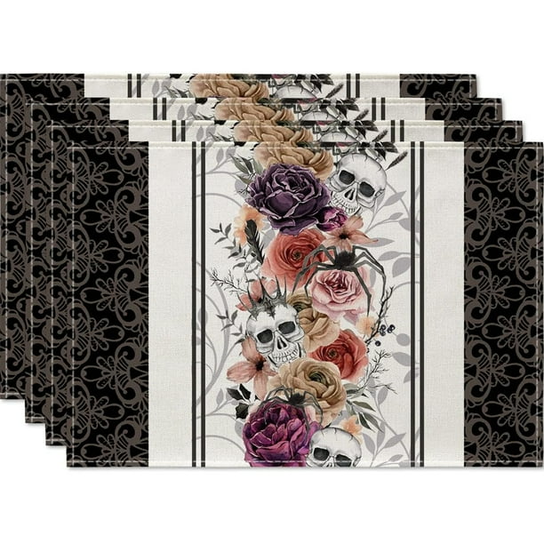 4pcs, Linen Placemats, Skulls Day Of The Dead Placemats , Silhouette Halloween Fall Table Mats, For Party Kitchen Dining Decoration, Halloween Decor, Halloween Theme Placemat