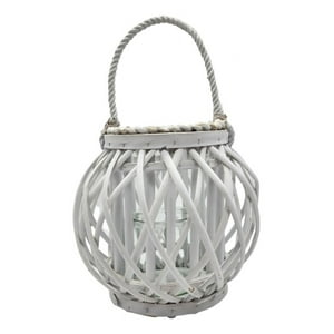 Fliperex - Candelabro Porta Vela Mimbre Rustico Redondo Terraza Blanco Blanco