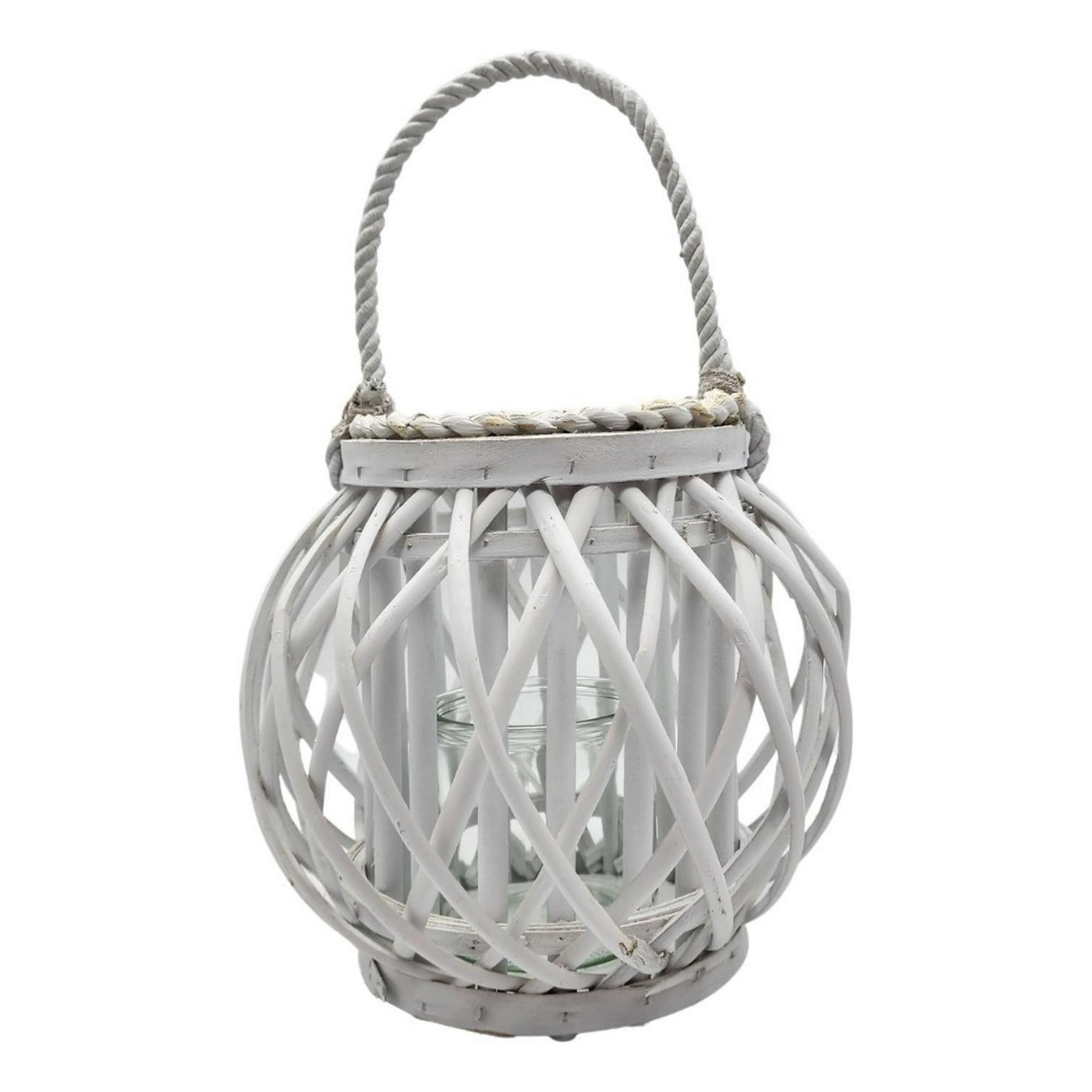 Fliperex - Candelabro Porta Vela Mimbre Rustico Redondo Terraza Blanco Blanco