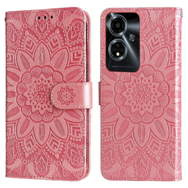 Funda tipo cartera FOXDOCK para OPPO A59 5G , diseño girasol en relieve, cuero PU, cierre magnético, soporte y tarjetero