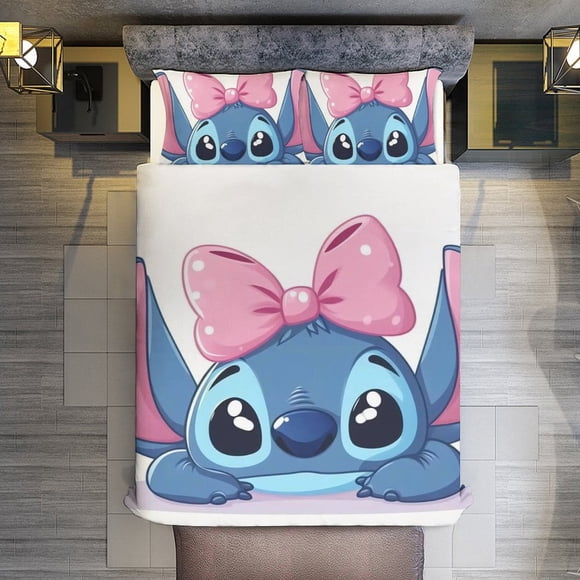 Stitch with Pink Bow 3 Pieces Duvet Cover Set Full Size Super Soft Fade Resistant Microfiber