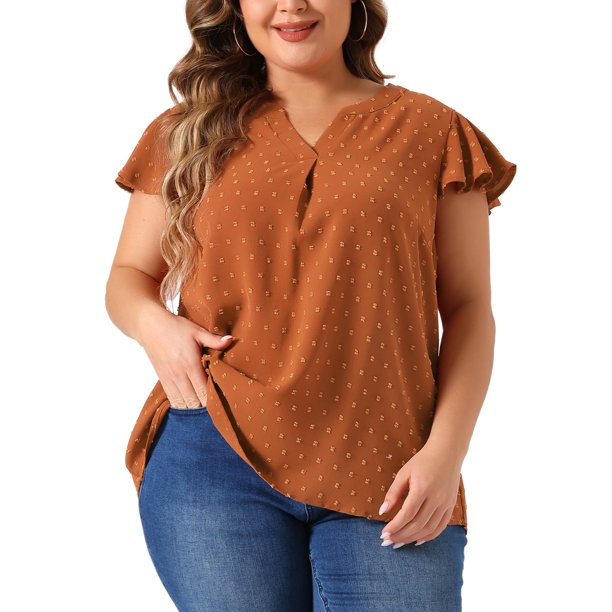 Agnes Orinda Blusas de Talla Grande para Mujer de Escuela o Universidad con Lunares Suizos, Cuello Entallado, Mangas con Volantes, Básicas y Lindas 3X Caramelo