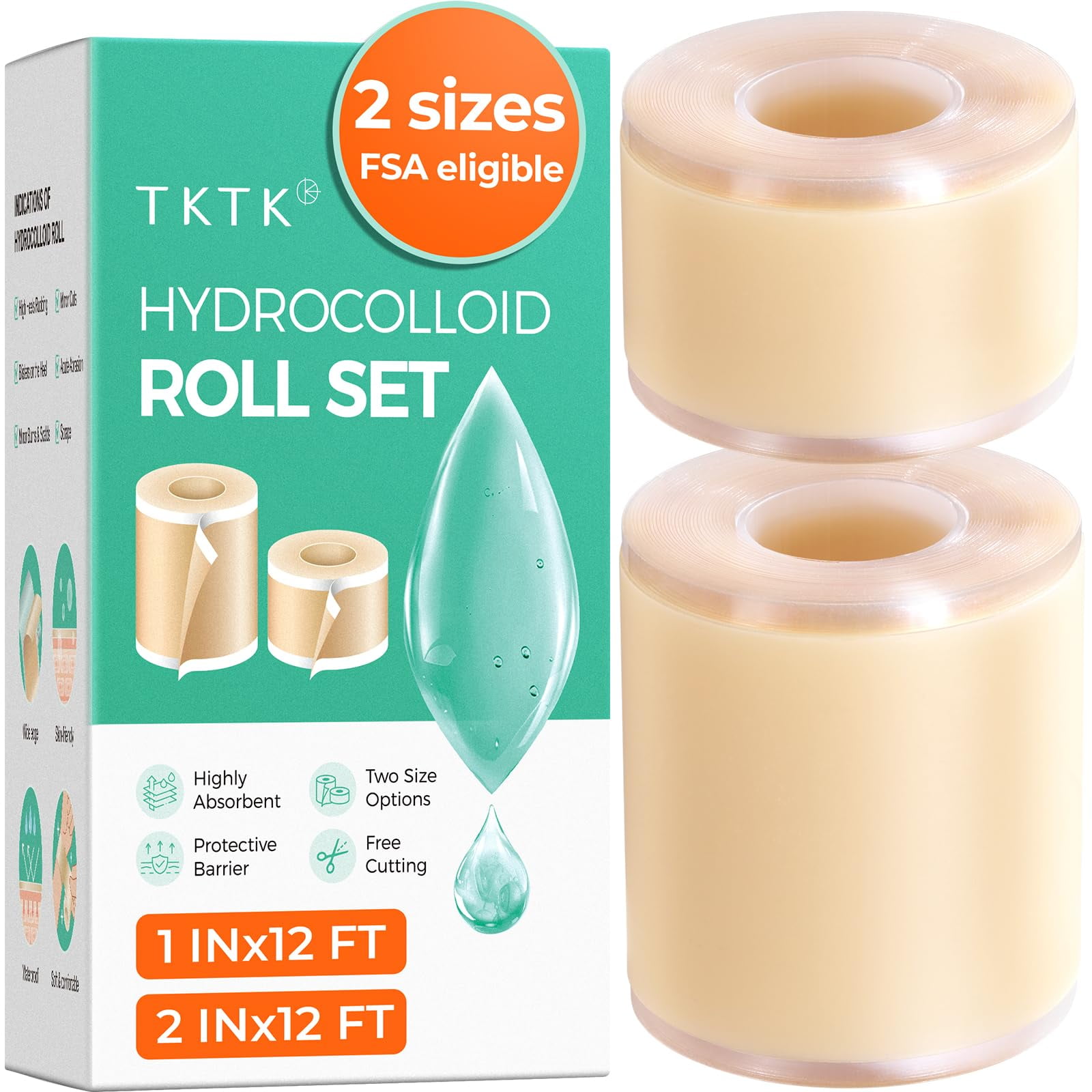 Rollo De Hidrocoloide Tktk De 2 Tamaños (5 Cm X 366 Cm + 2,5 Cm X 366 Cm) Resistente Al Agua
