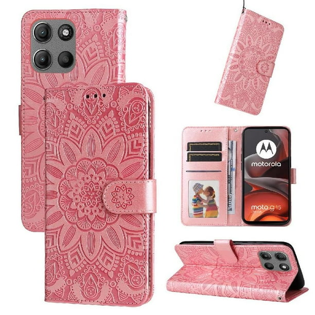 Funda tipo cartera FOXDOCK para Motorola Moto G15 , diseño girasol en relieve, cuero PU, cierre magnético, soporte y tarjetero