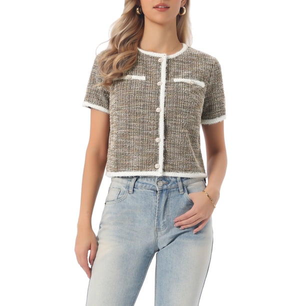 INSPIRE CHIC Chaqueta de punto de tweed para mujer de regreso a clases, manga corta, cuello redondo, cárdigan corto, caqui negro M
