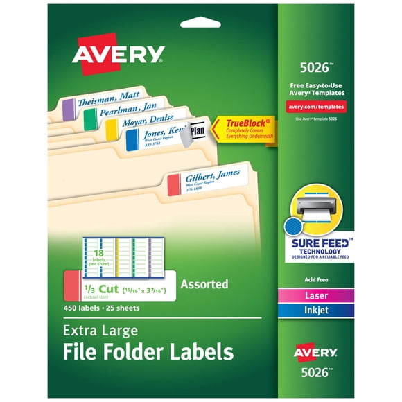 Etiquetas para carpetas de archivos Avery TrueBlock extra grandes, 450 etiquetas