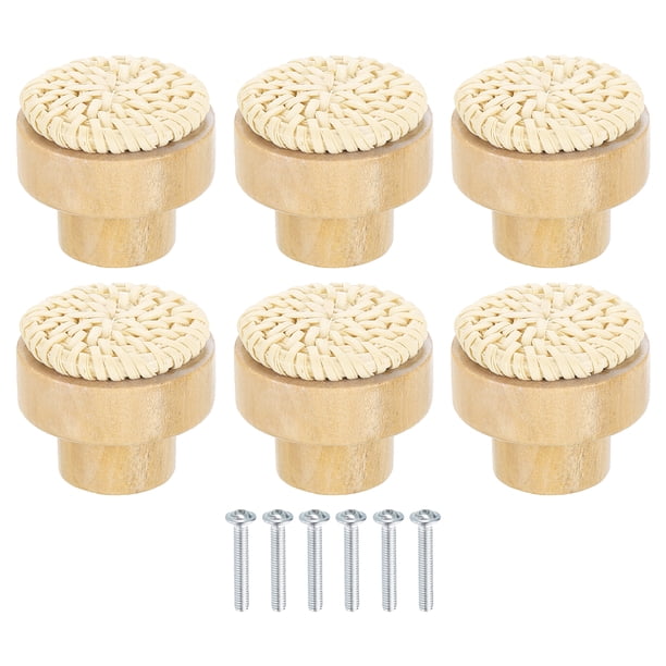 Uxcell 6 Paquete de Pomos de Mimbre para Tocador, 1.38" Pomos de Cajón Tejidos a Mano de Madera de Haya Redonda con Tornillos para Muebles, Armario, Alacena, Blanco