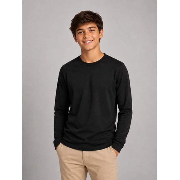Polera De Niño Manga Larga Basica 100%algodon Cuello Redondo Negro 10 Lisa