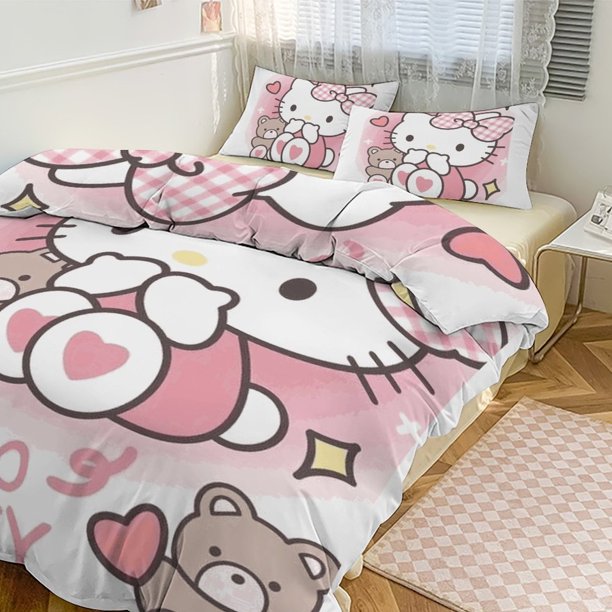 Cartoon Hello Kitty Comforter Heart Bear 3-Piece Bed Sheets Warm Kawaii Bedding Set Cute Soft Bedclothes for Boys Girls Kids Twin